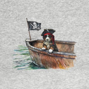 Little Berner Puppy Dog Pirate in Boat with Jolly Roger Flag T-Shirt